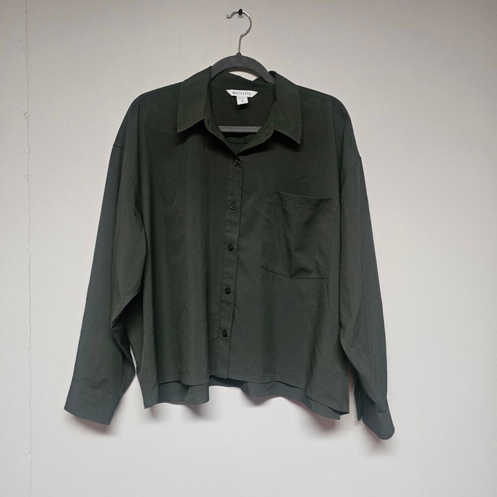 Athleta Green Oversized Cropped Tech‎ Button Up Blouse Athleisure Casual Size XL